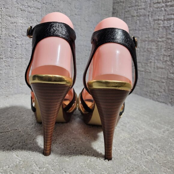 Michael Kors Heels Gold Black Leather Open Toe Buckle Ankle Strap Shoes Womens 8 - Picture 4 of 15